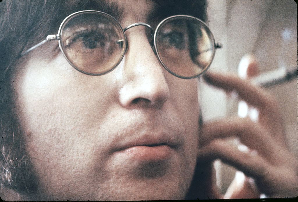 John Lennon in Selfridges department store, Oxford Street, London in 1971 to promote the publication of the 2nd edition of Yoko Ono's book Grapefruit
