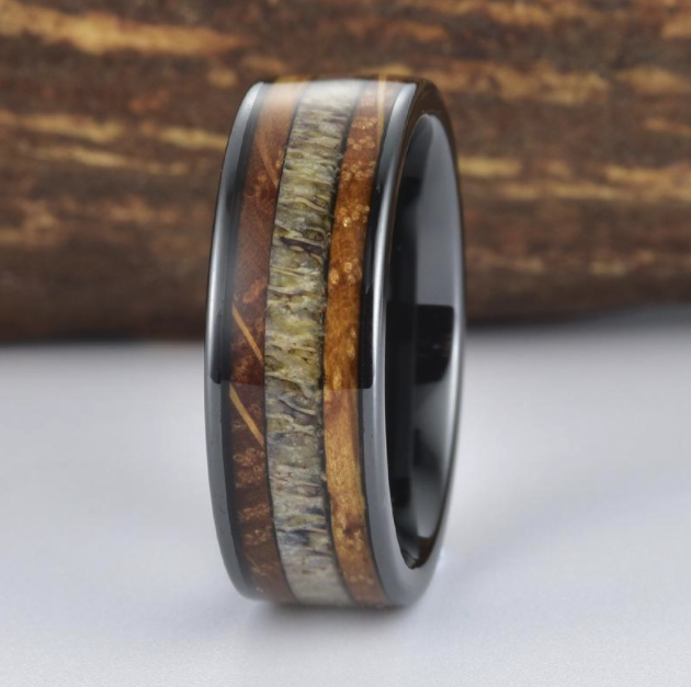 13. Whiskey barrel wood, antler and ceramic ring