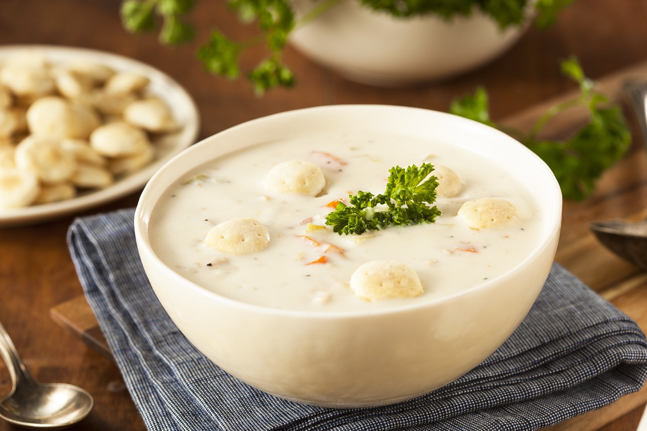 homemade New England clam chowder with crackers