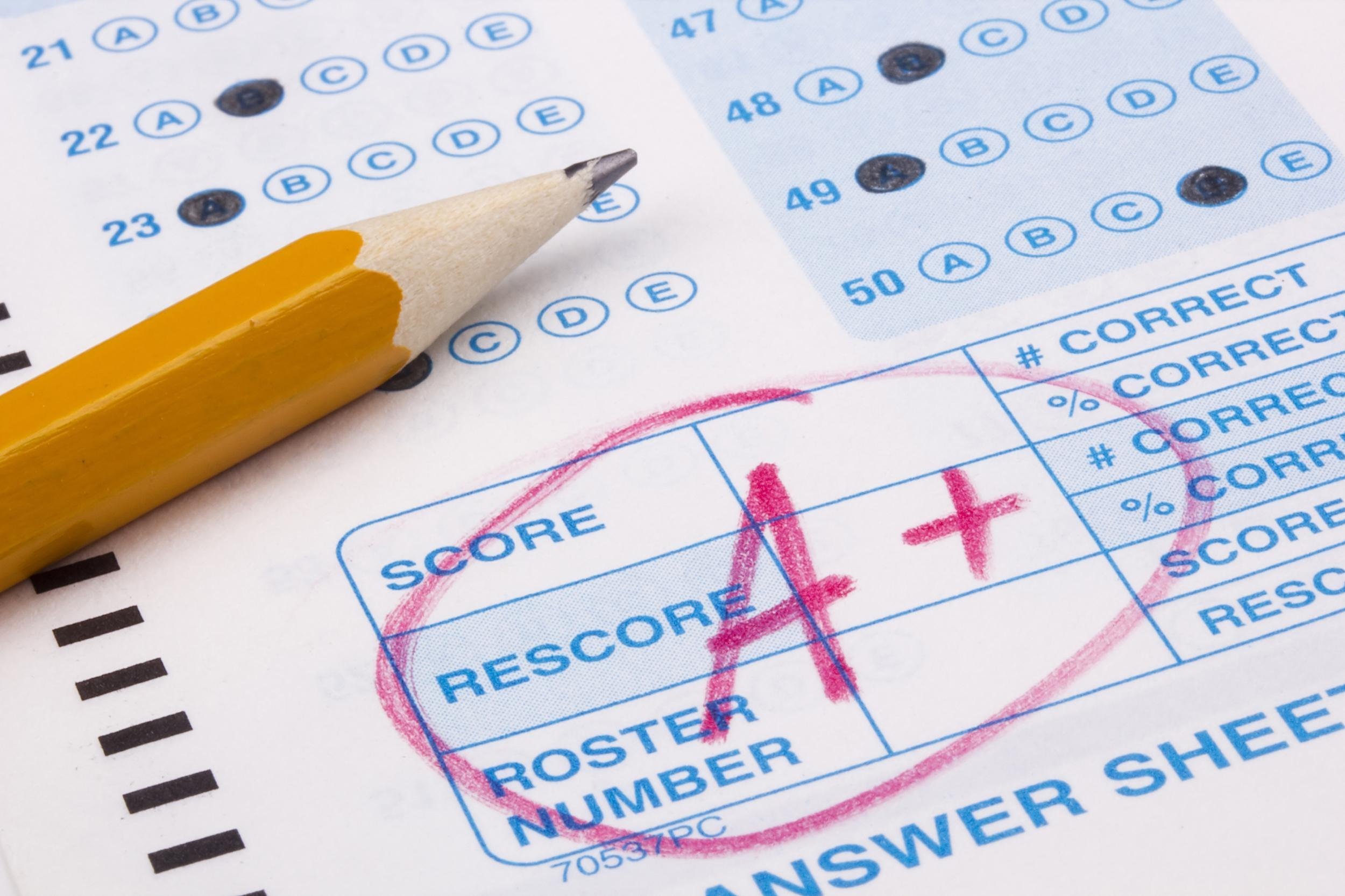 close-up photograph of a perfect grade on a scantron test