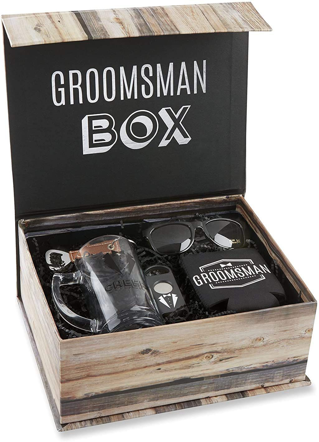 Groomsman Box- pint glass, bottle opener, cigar cutter, koozie, sunglasses