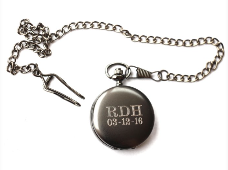 Personalized Gunmetal Pocket Watch with initials and date