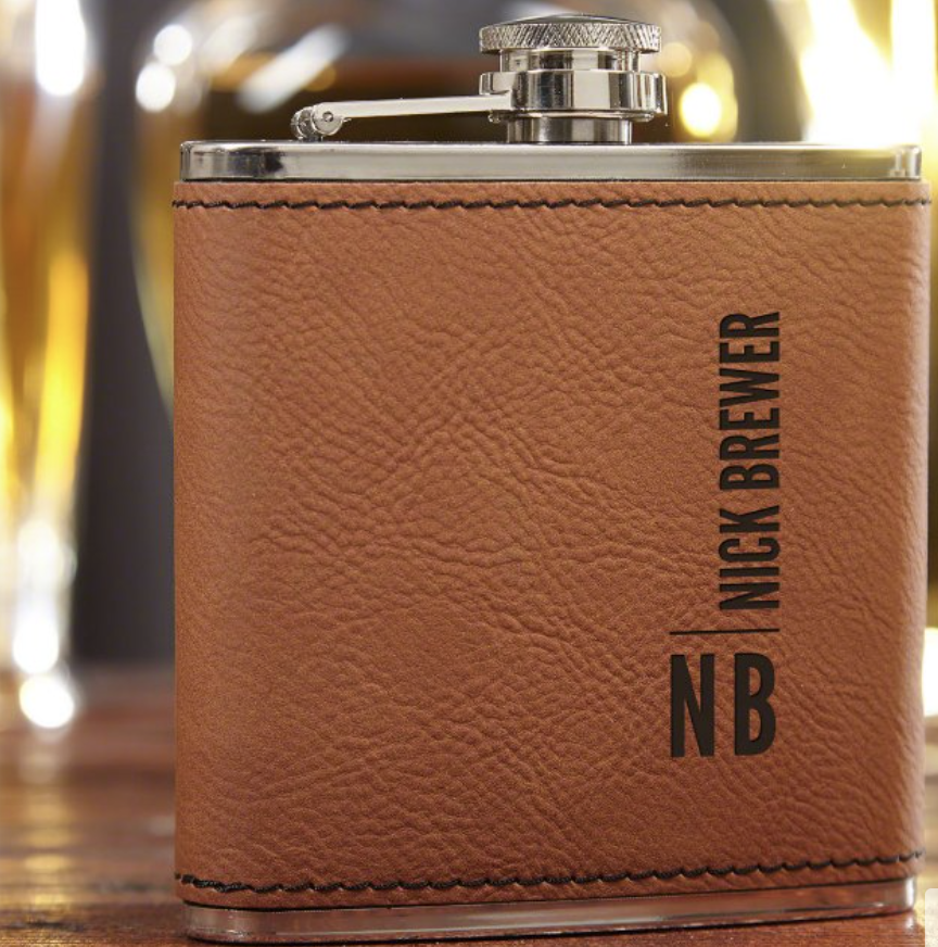 Hip Flask with leather detail and initials and name printed on side
