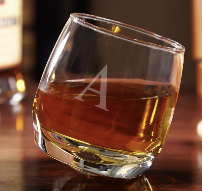 Rocking Whiskey Glass with A initial and half full on whiskey