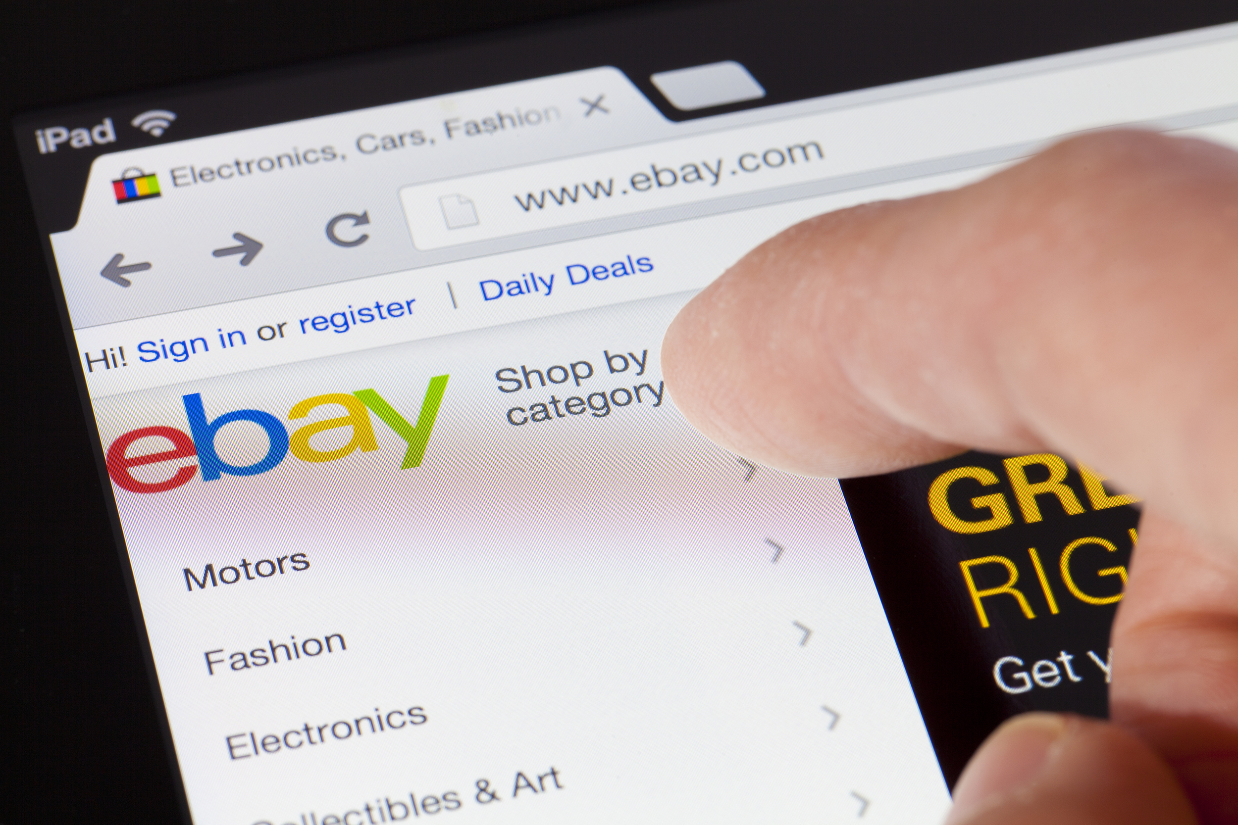 Closeup of ebay website on a tablet