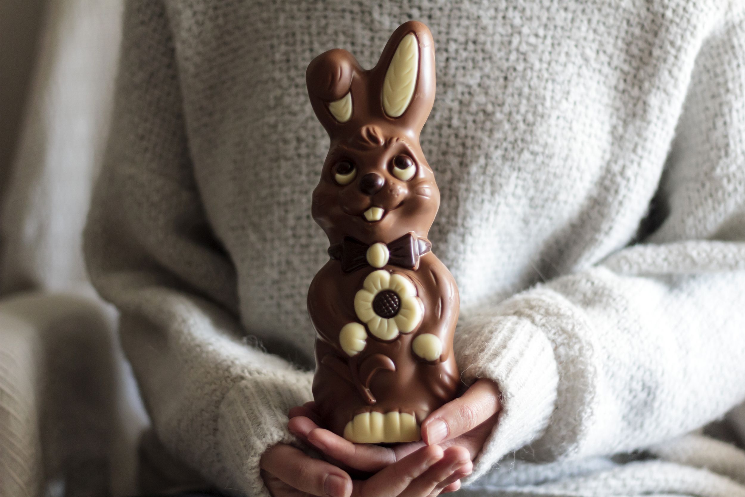 woman holding chocolate easter bunny