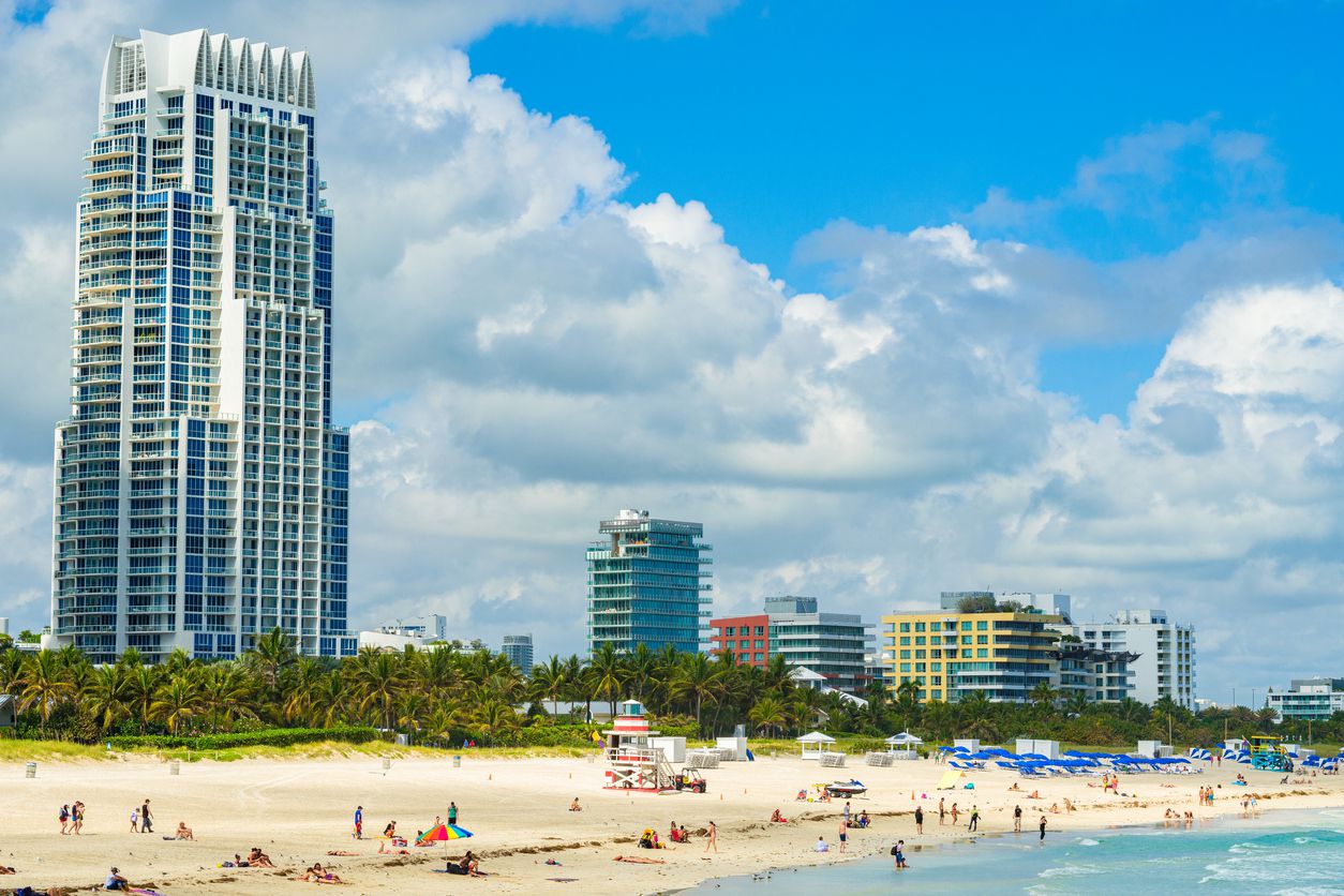 Beautiful cityscape of the historic and popular South Beach area along the shoreline.