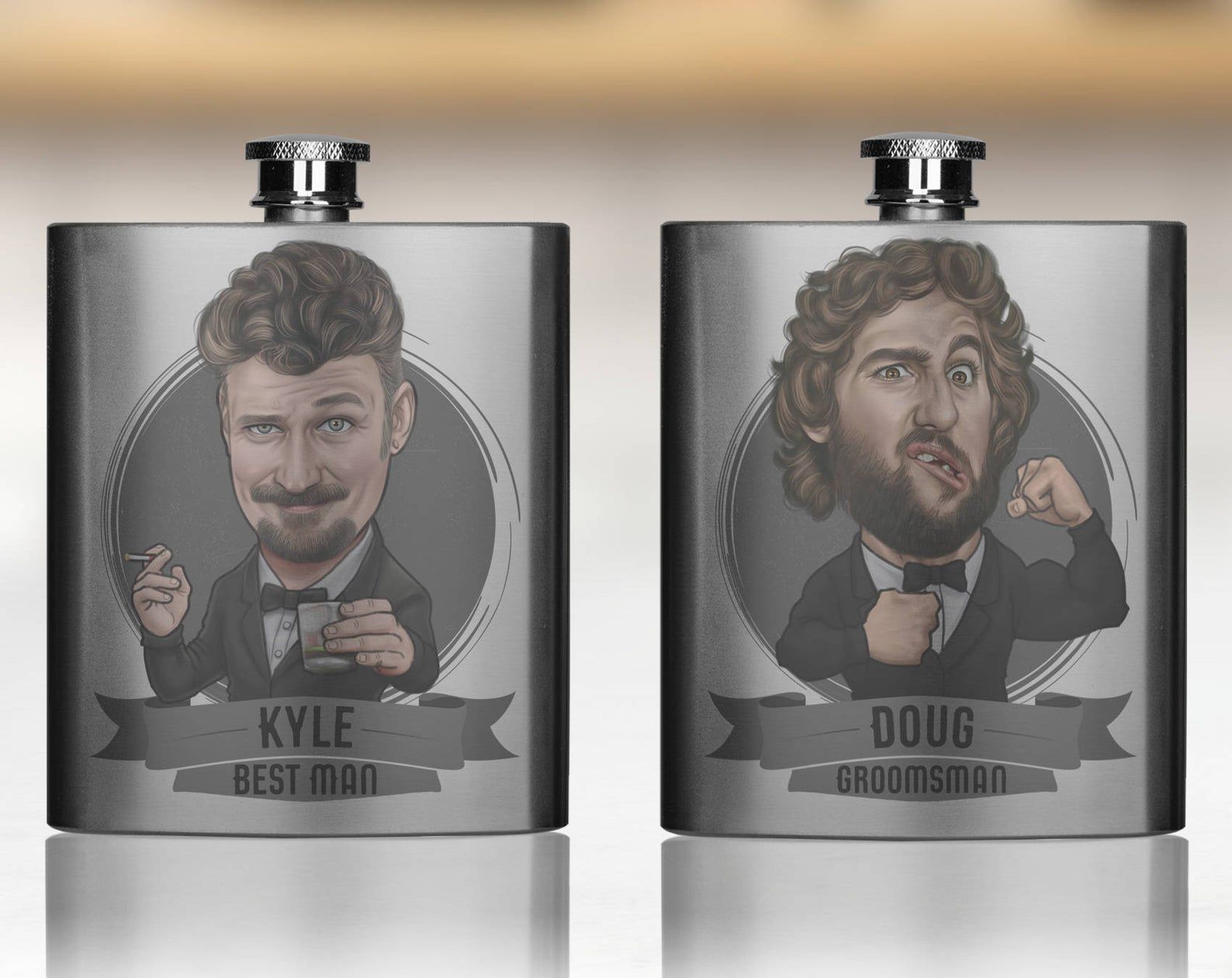2 Groomsmen Caricature Flasks