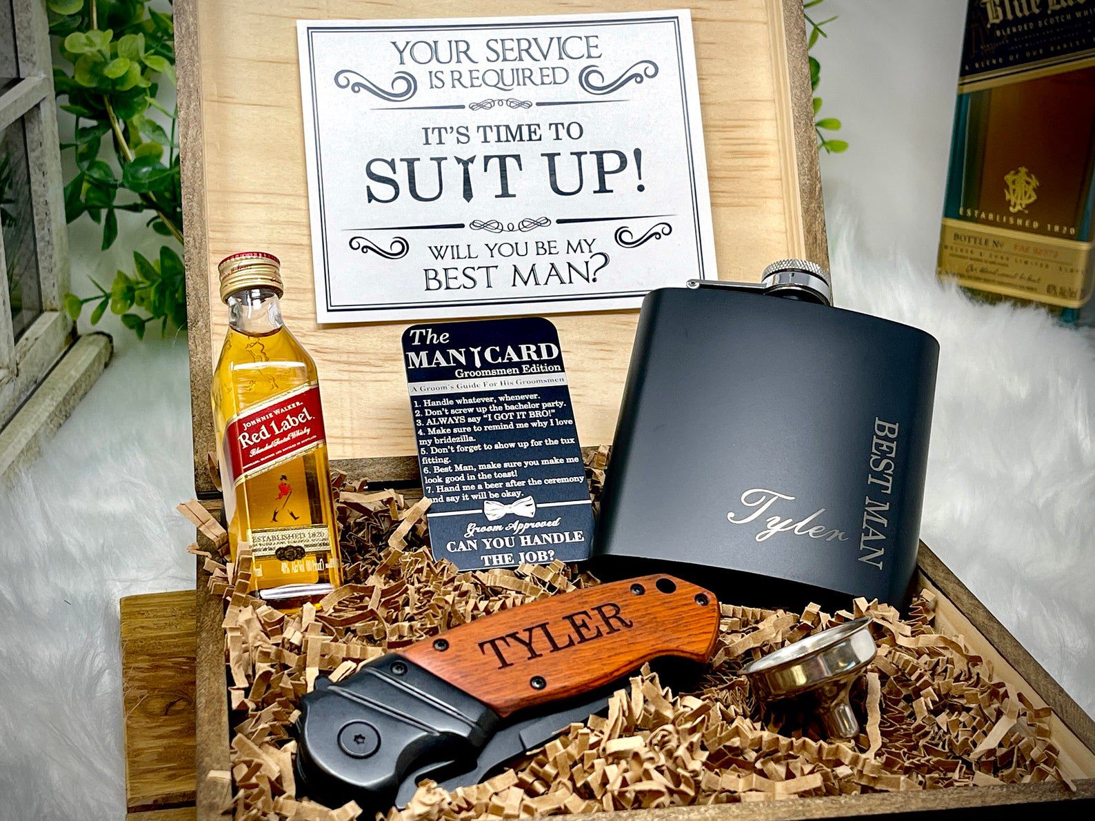 Groomsmen Proposal Box- whiskey, flask, bottle opener, personalized card