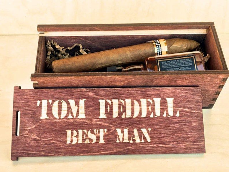 Wooden Cigar Gift Box- cigar and mini whiskey bottle inside sliding box