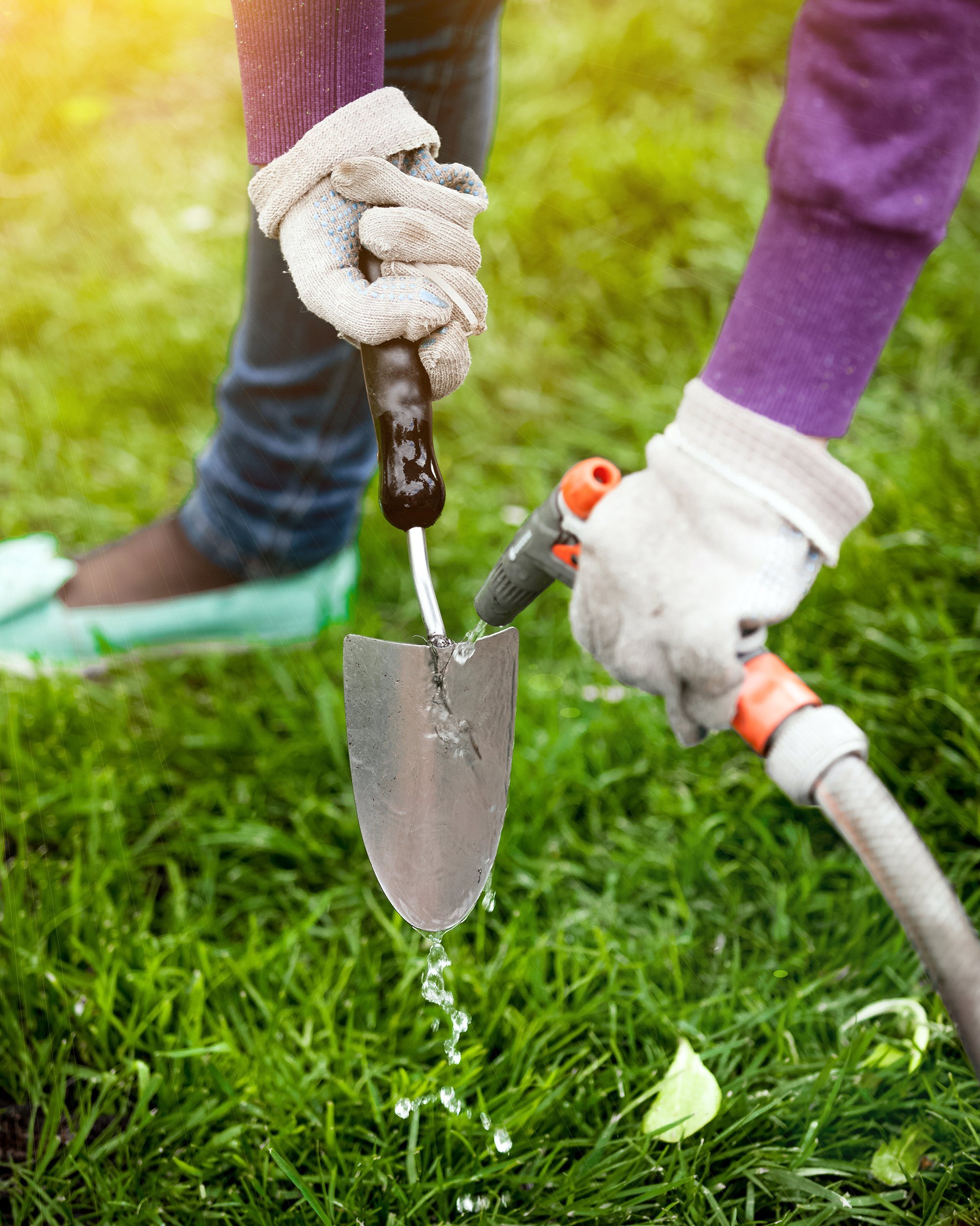 closeup photo of woman cleaning garden tool with hosepipe