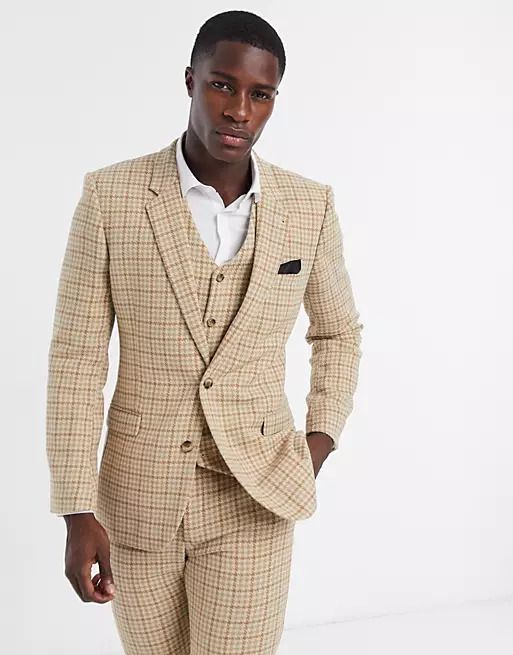 ASOS DESIGN Wedding Skinny Wool Mix Suit Jacket in Camel Houndstooth Check