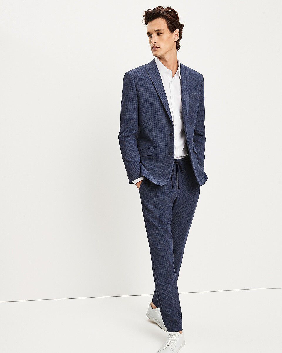 Slim Blue Checkered Hyper Stretch Drawstring Suit Pant