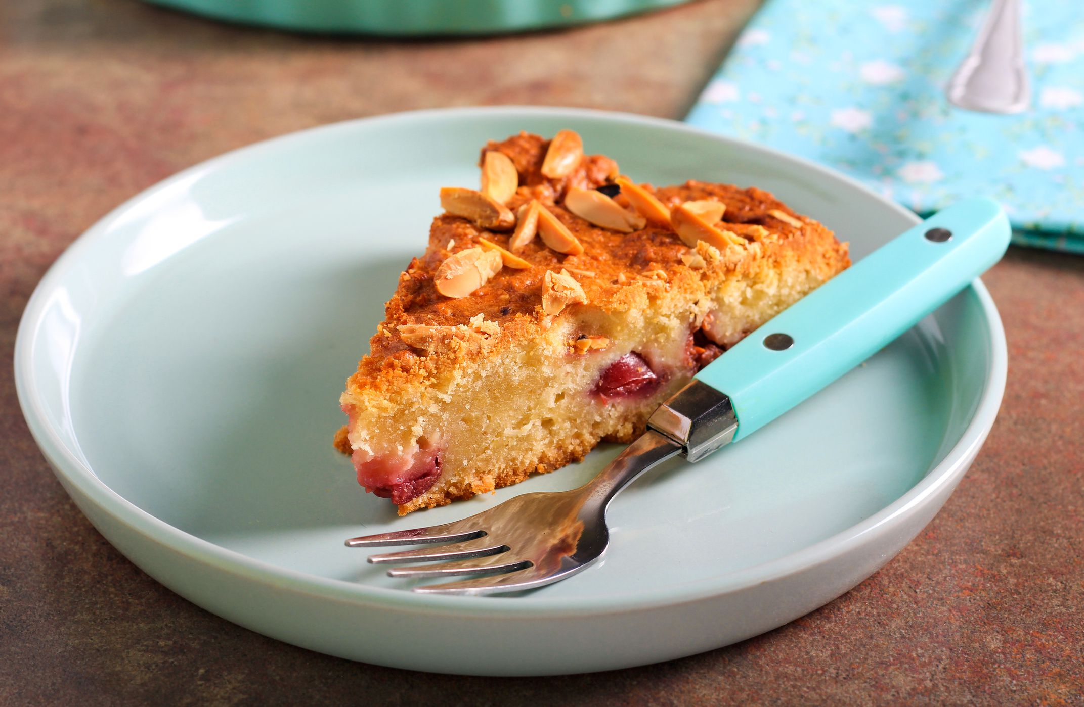 Almond and cherry cake on plate