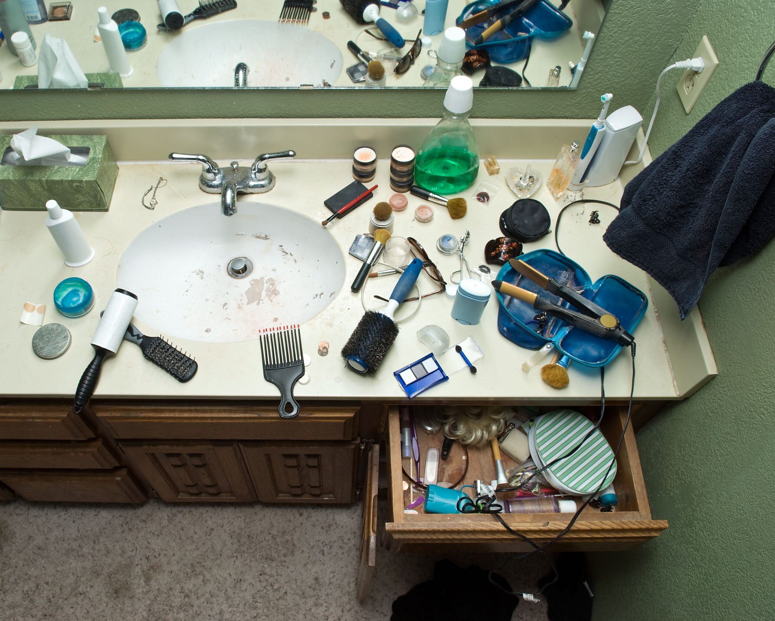 Items on bathroom counter for getting ready-More