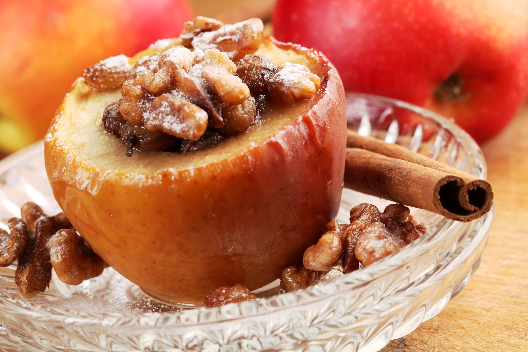 Baked apple stuffed with raisins and nuts.