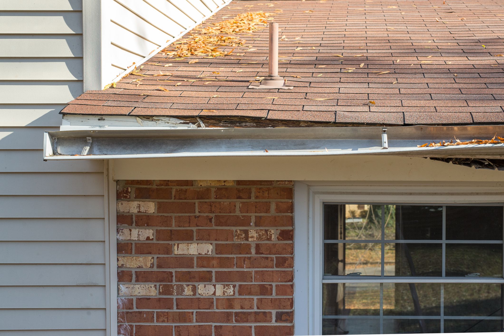The facia board is rotted and the gutters a re falling away from the house. Look for other images in this series.