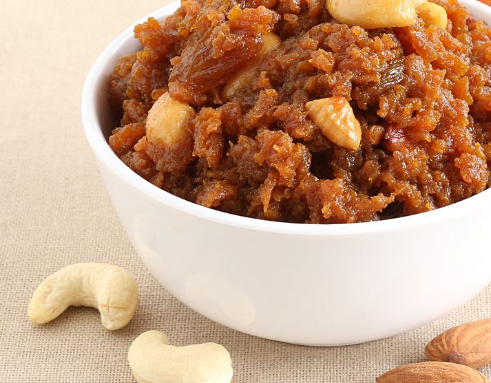 Carrot halwa, an Indian traditional and popular sweet dish, which is typically made on the day of festivals like Diwali.