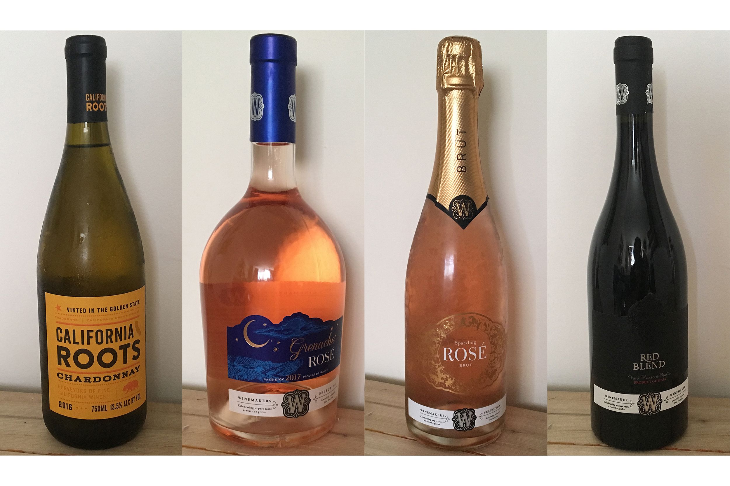 California Roots Chardonnay, Winemakers Selection Grenache Rosé Wine, Winemakers Selection Sparkling Rosé Brut Wine, and Winemakers Selection Italian Red Blend Wine