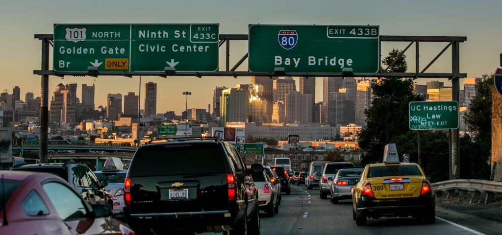 Cars crawl along the downtown connector of Interstate 80 and Highway 101 to the Bay Bridge on September 20, 2013, in San Francisco, California