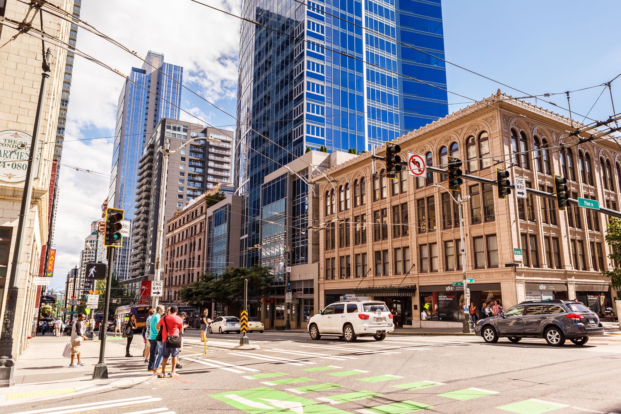 Seattle, Washington, USA - July 6, 2018: The crossroad of Pine street and the 3rd Avenue in the downtown of Seattle, Washington, USA