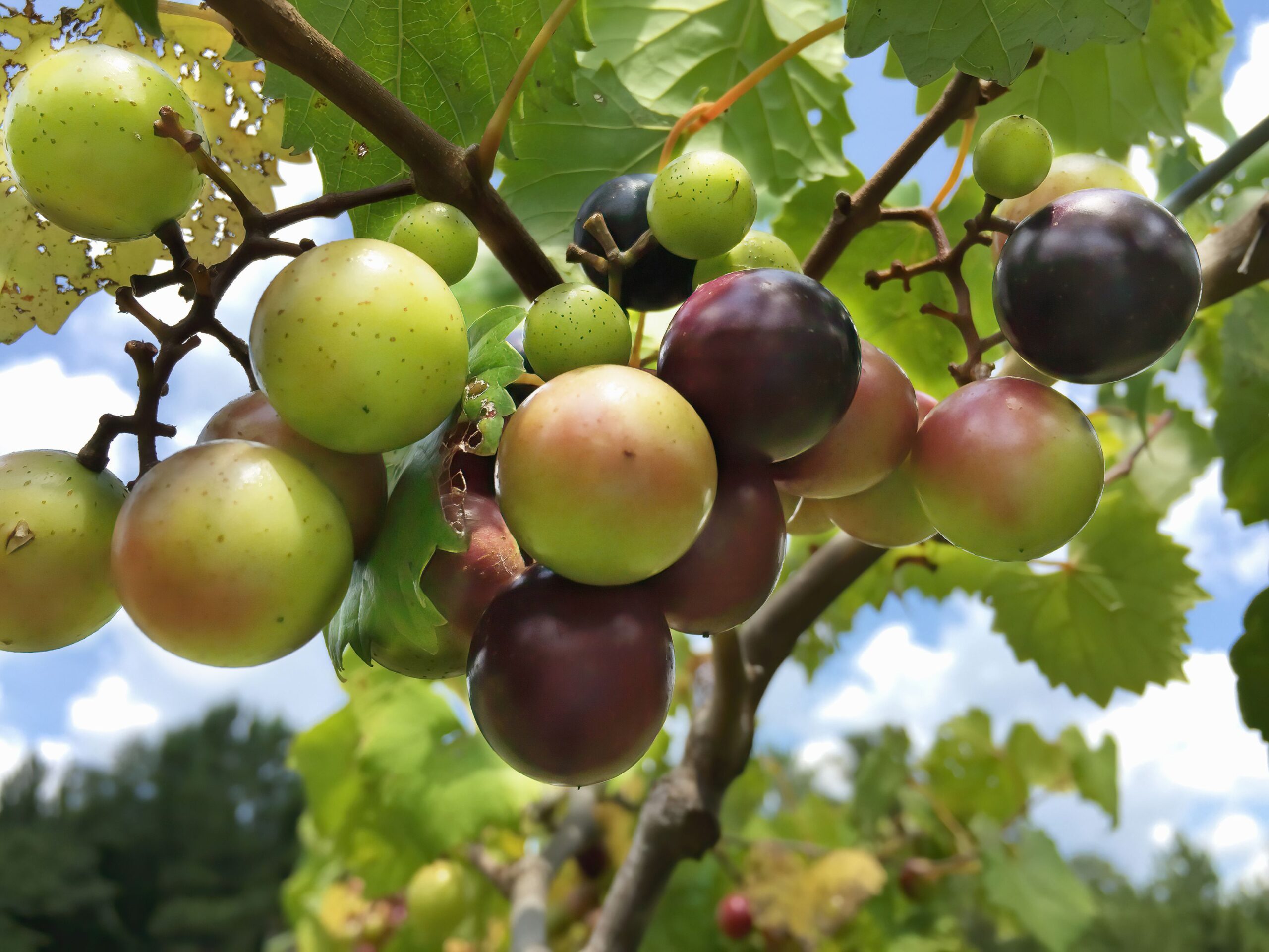 Muscadine fruit vine growing at a vineyard in Warm Springs Georgia USA. Focus on the foreground.