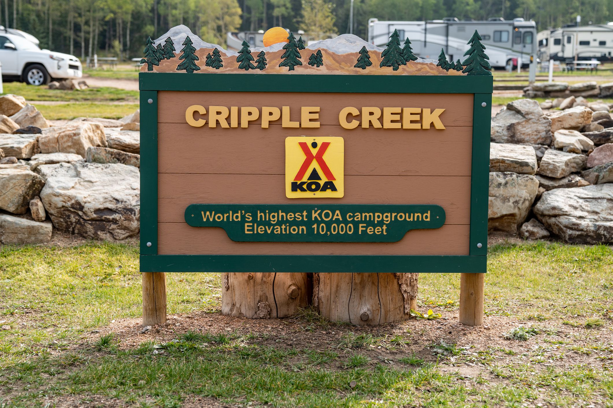 Cripple Creek, Colorado - September 17, 2020: Sign for the worlds highest elevation KOA at over 10,000 feet at the campground, daytime shot