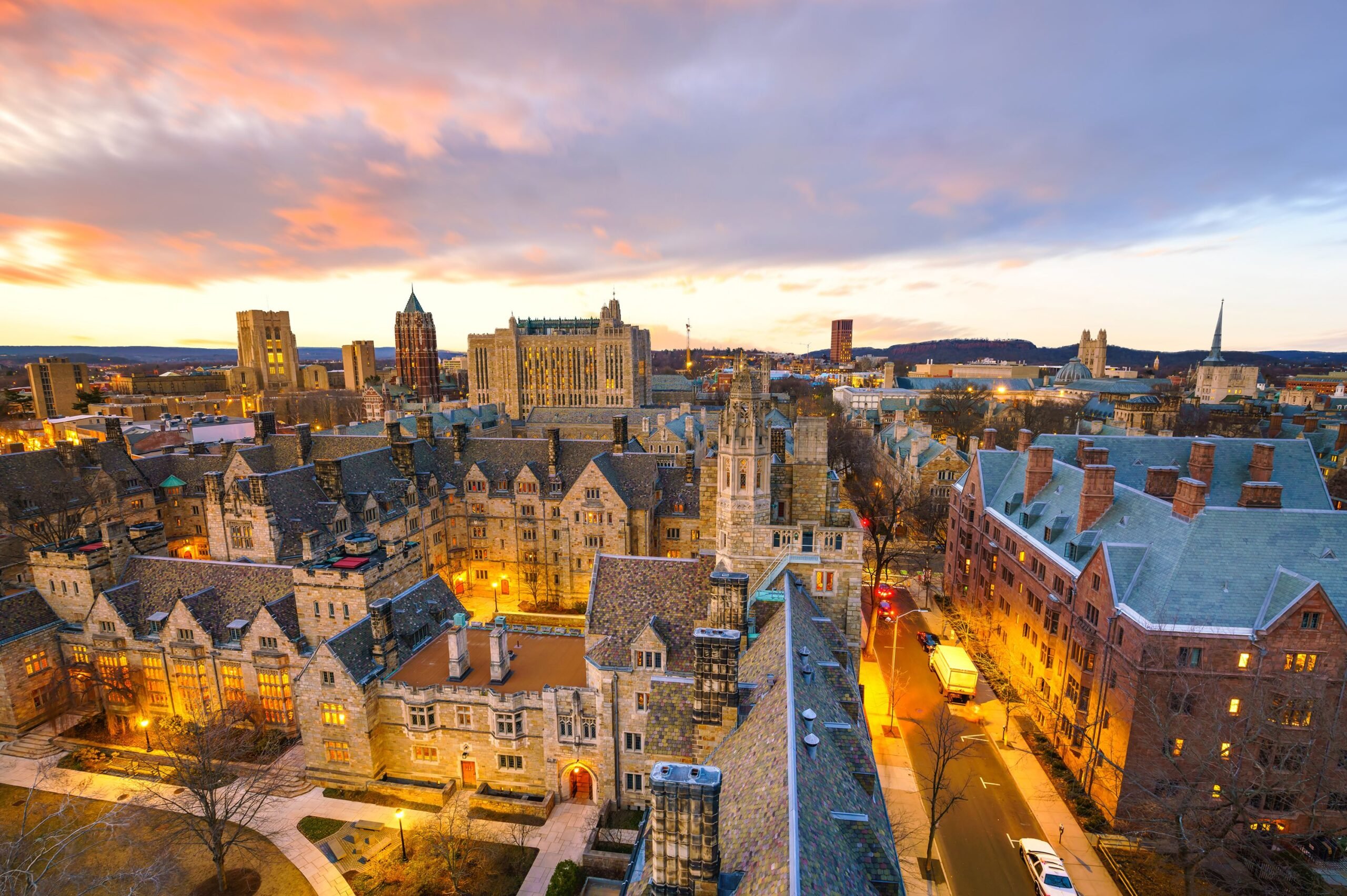 Historical building and Yale university campus in downtown New Haven CT, USA