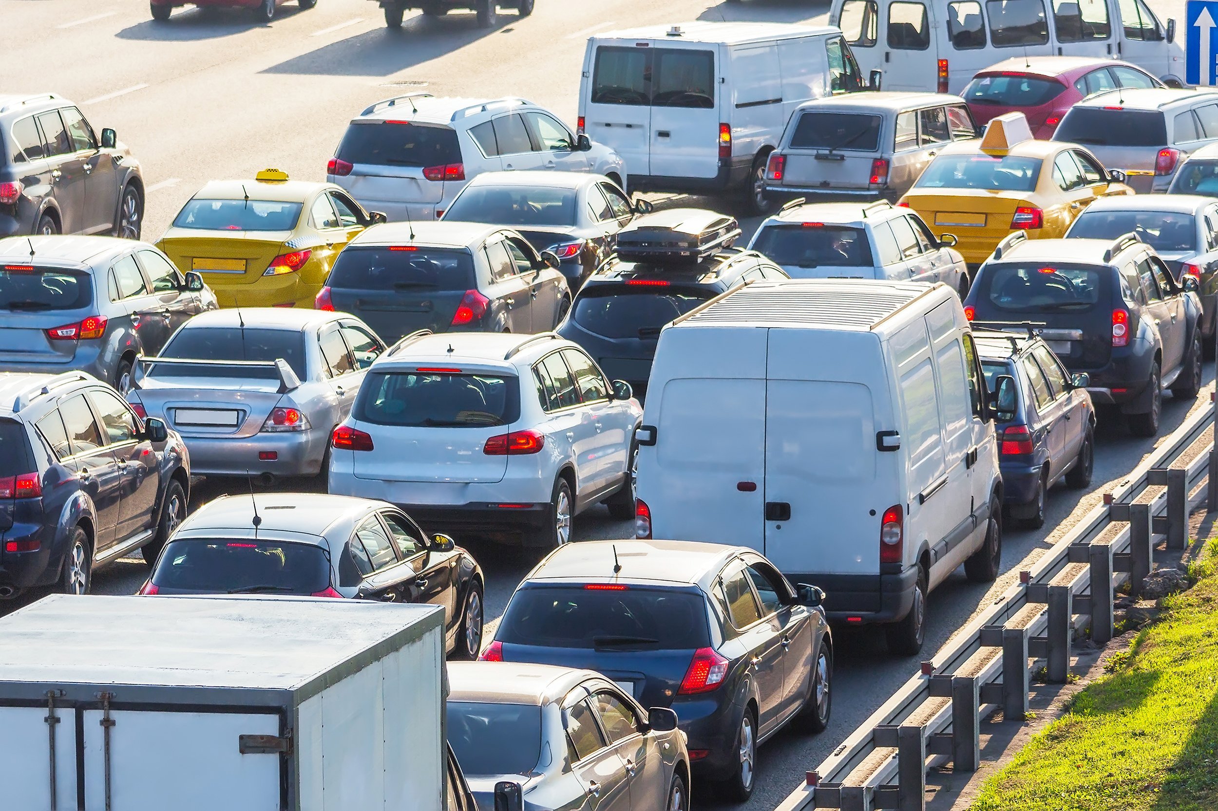 view from above to the city traffic jam