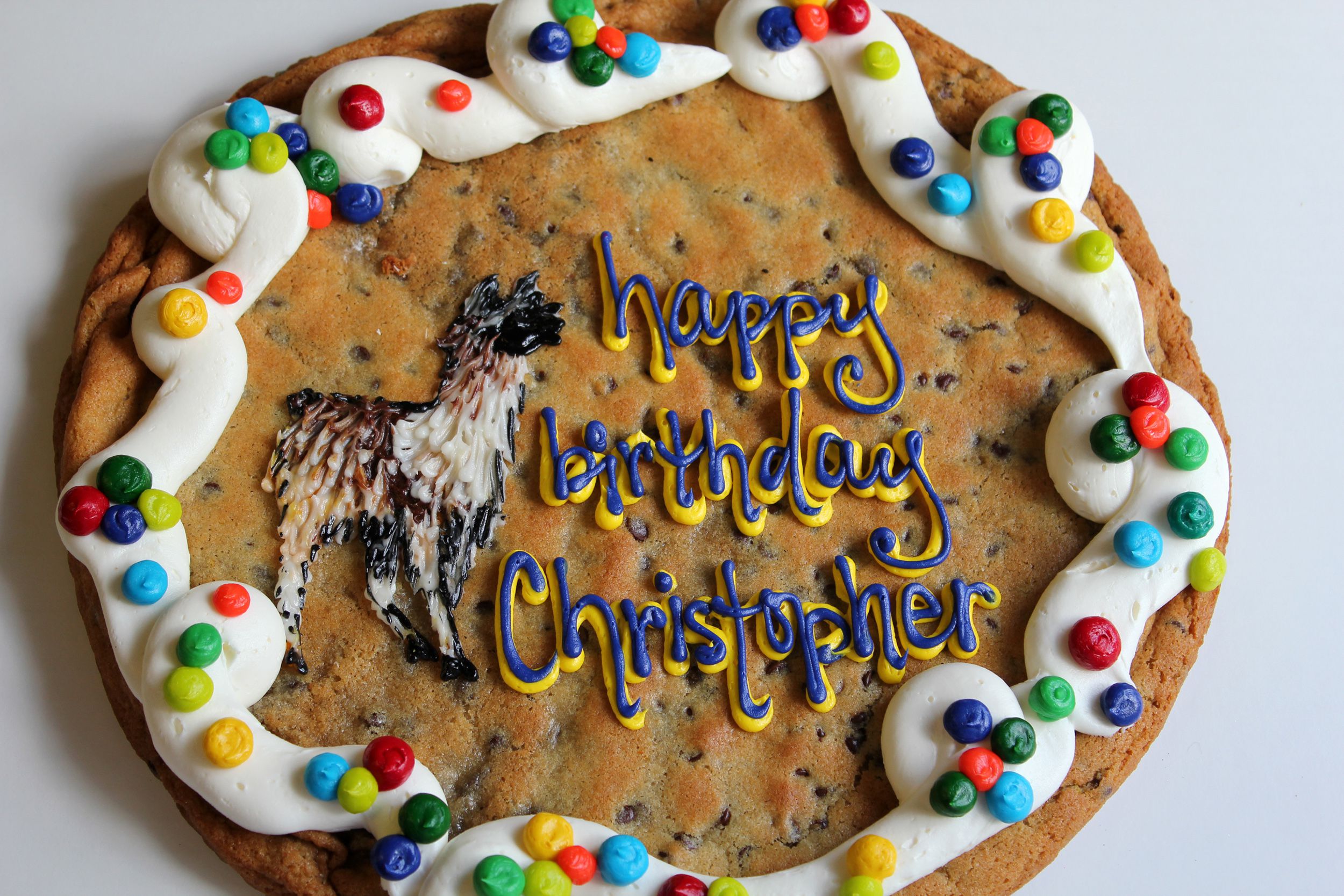 A large chocolate chip cookie cake with white frosting, colorful candy decorations, and the message “happy birthday Christopher” written in yellow and blue. An icing drawing of a dog is in the center.