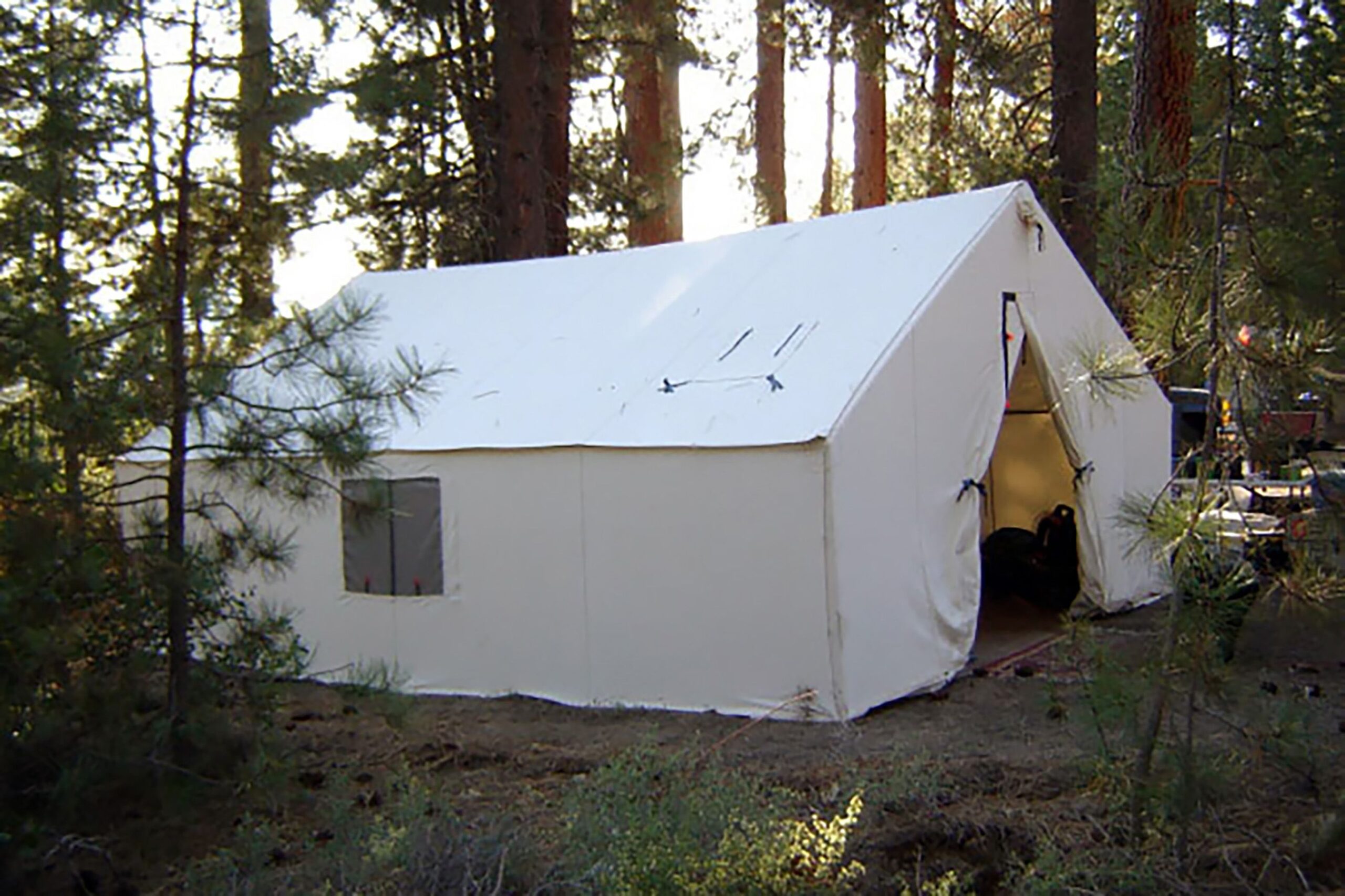 Large white tent in forest at sunrize