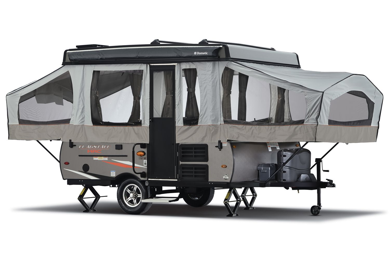 Large gray tent camper.