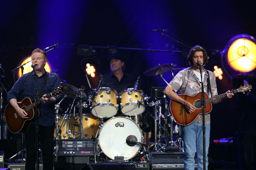 Don Henley and Deacon Frey of The Eagles perform live on stage at Wembley Stadium on June 23, 2019 in London, England.