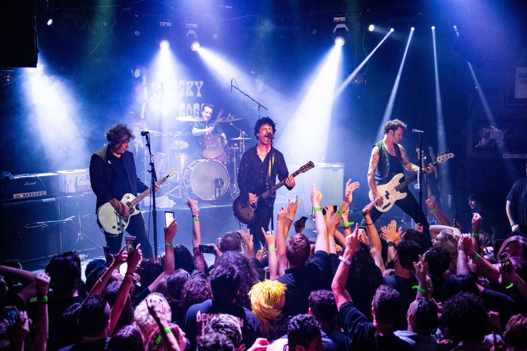 Jason White, Tré Cool, Billie Joe Armstrong and Mike Dirnt of Green Day perform during the “Hella Mega Tour” announcement show at Whisky a Go Go on September 10, 2019 in West Hollywood, California.