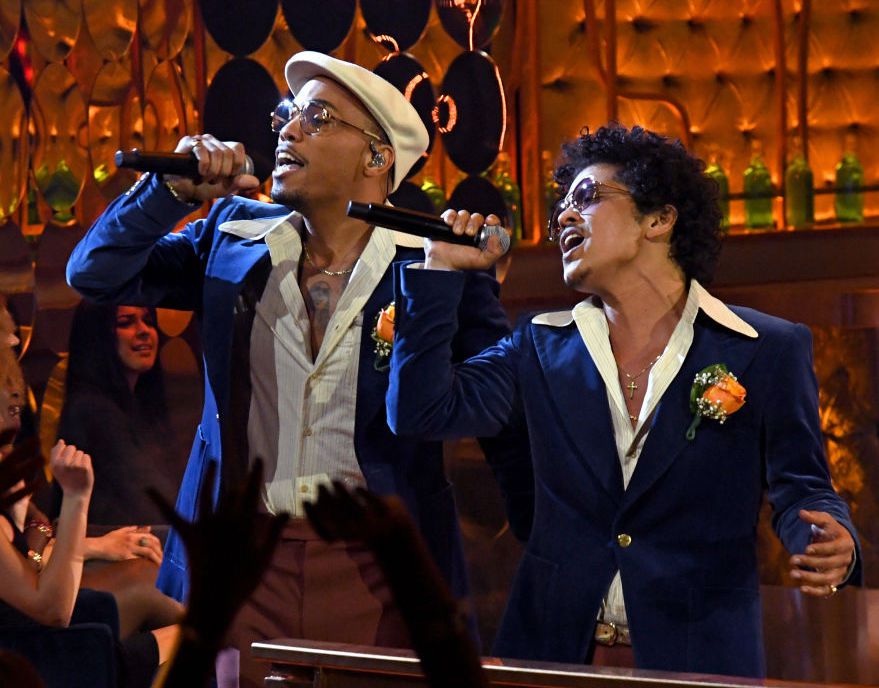 Anderson .Paak and Bruno Mars of Silk Sonic perform onstage at the 2021 iHeartRadio Music Awards at The Dolby Theatre in Los Angeles, California, which was broadcast live on FOX on May 27, 2021.