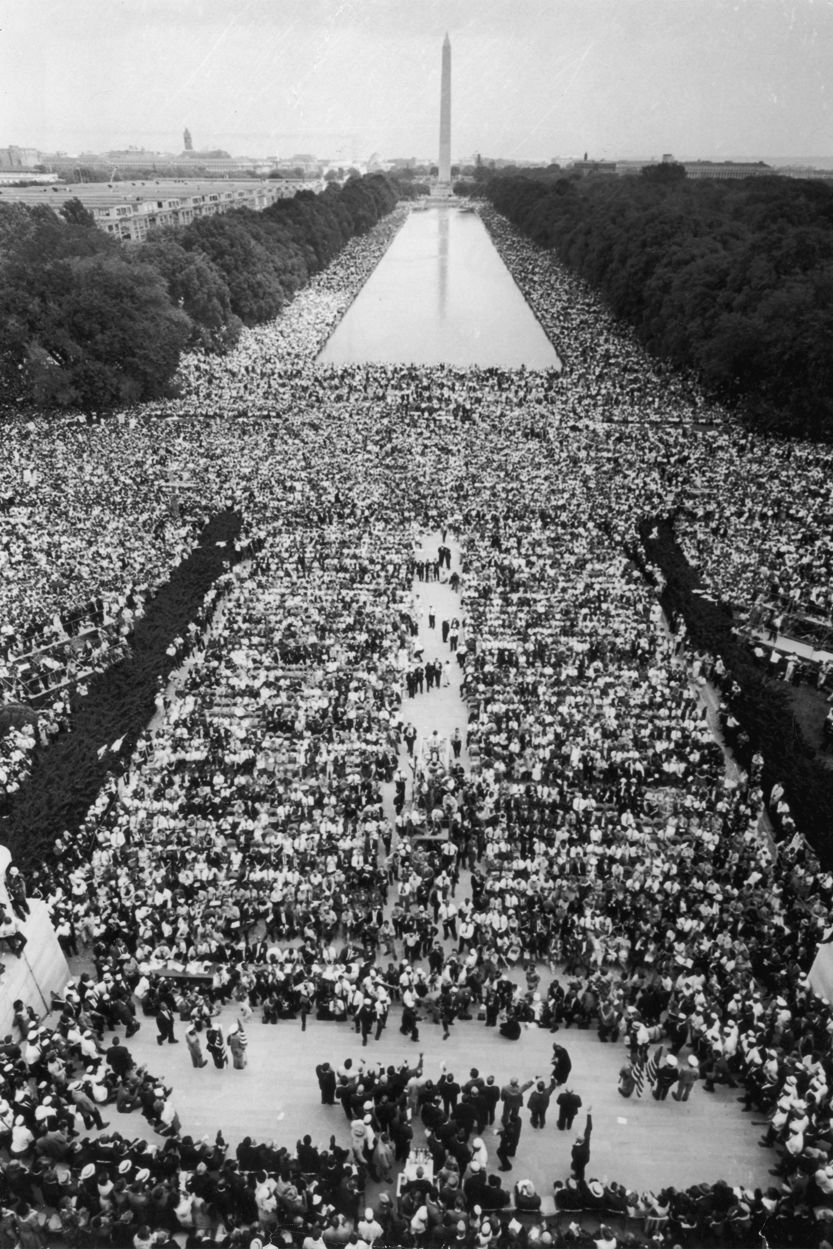 Aerial view of over 200,000 people assembled in front of the Washington Monument on Freedom March for civil rights