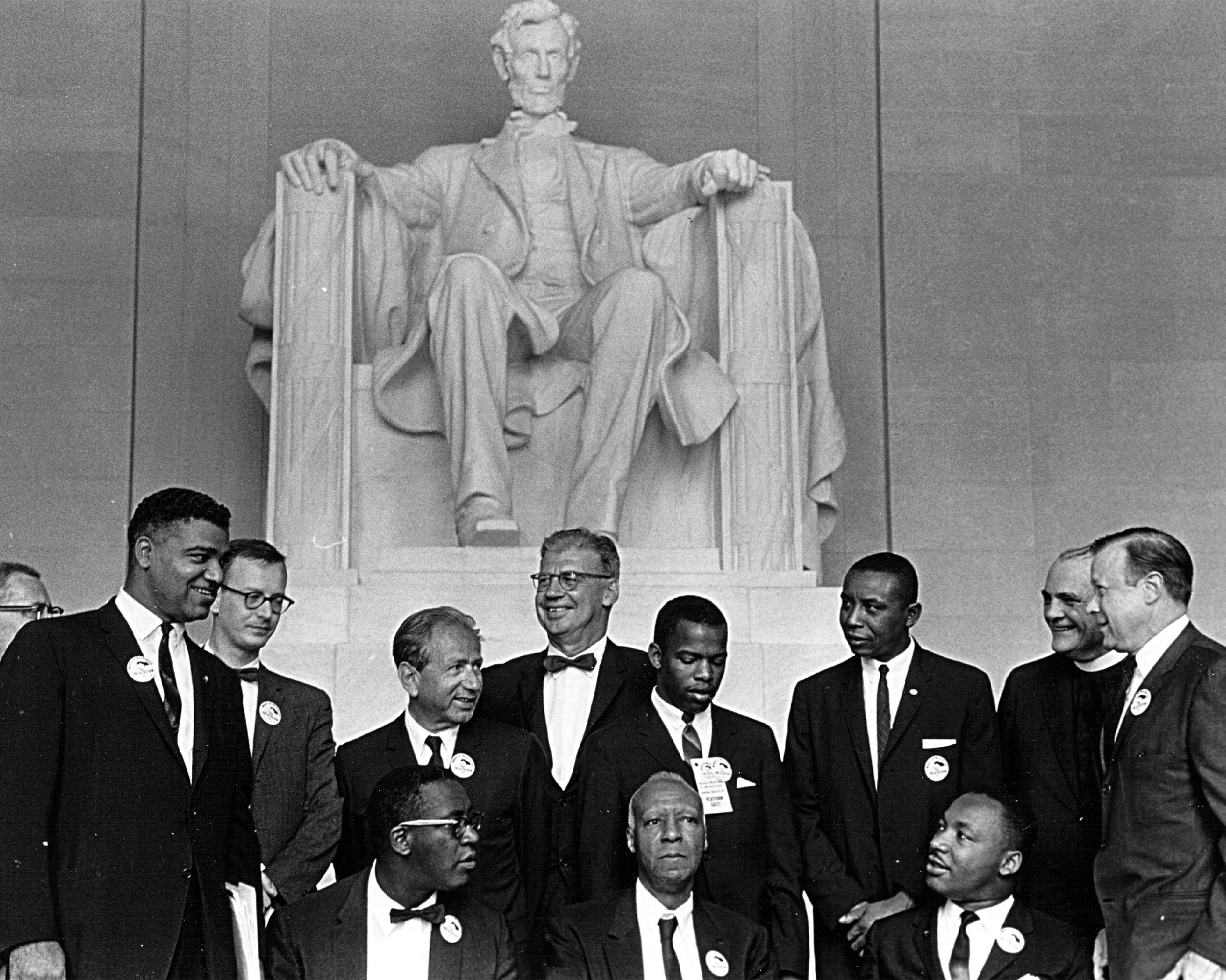 Rev. Martin Luther King and other civil rights leaders gather before a rally at the Lincoln Memorial