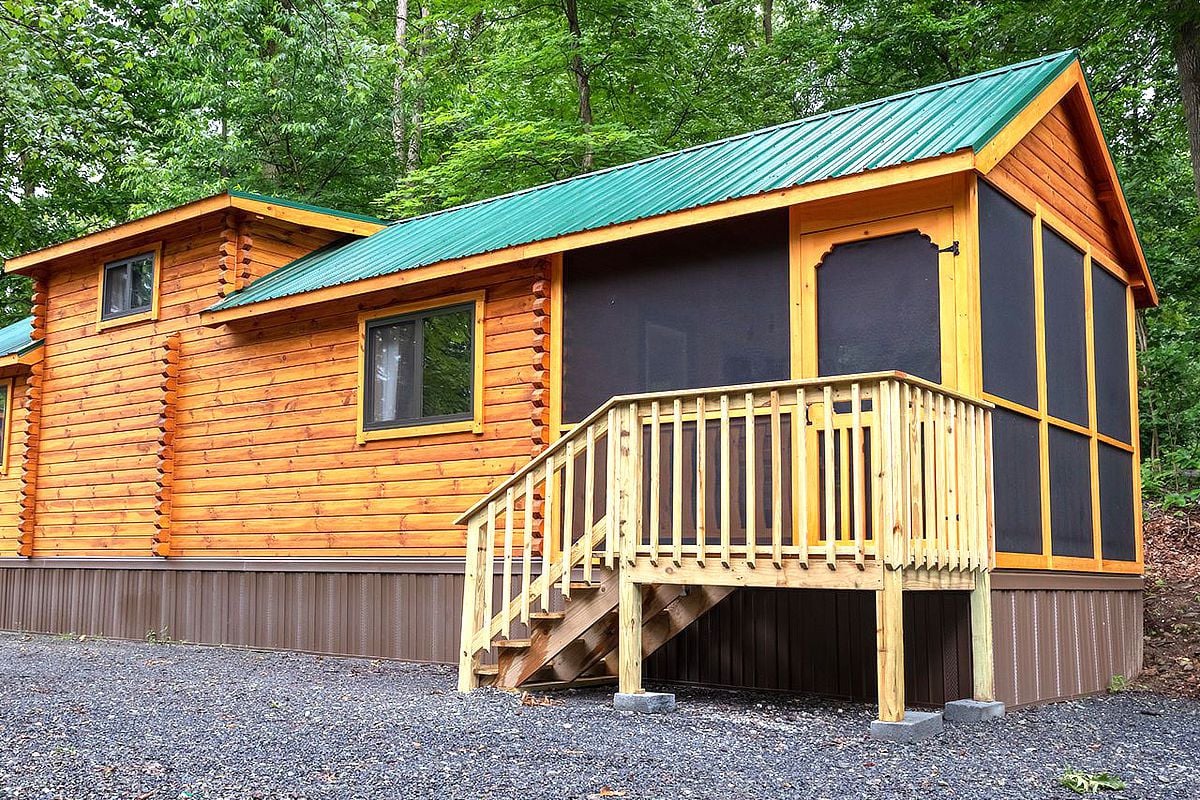 Pine cabin with green metal roof outside during summer.