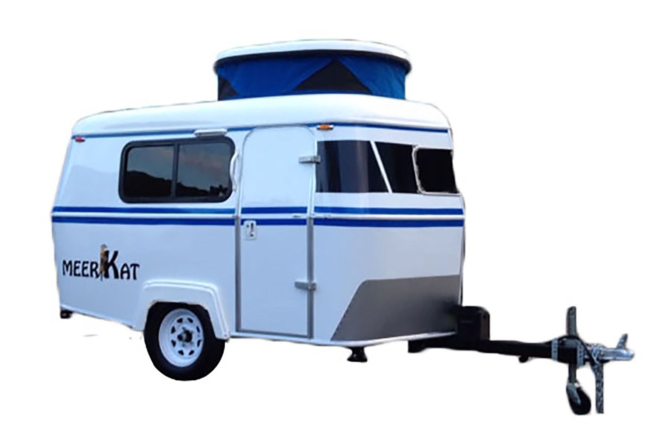Small white camper with pop up top.