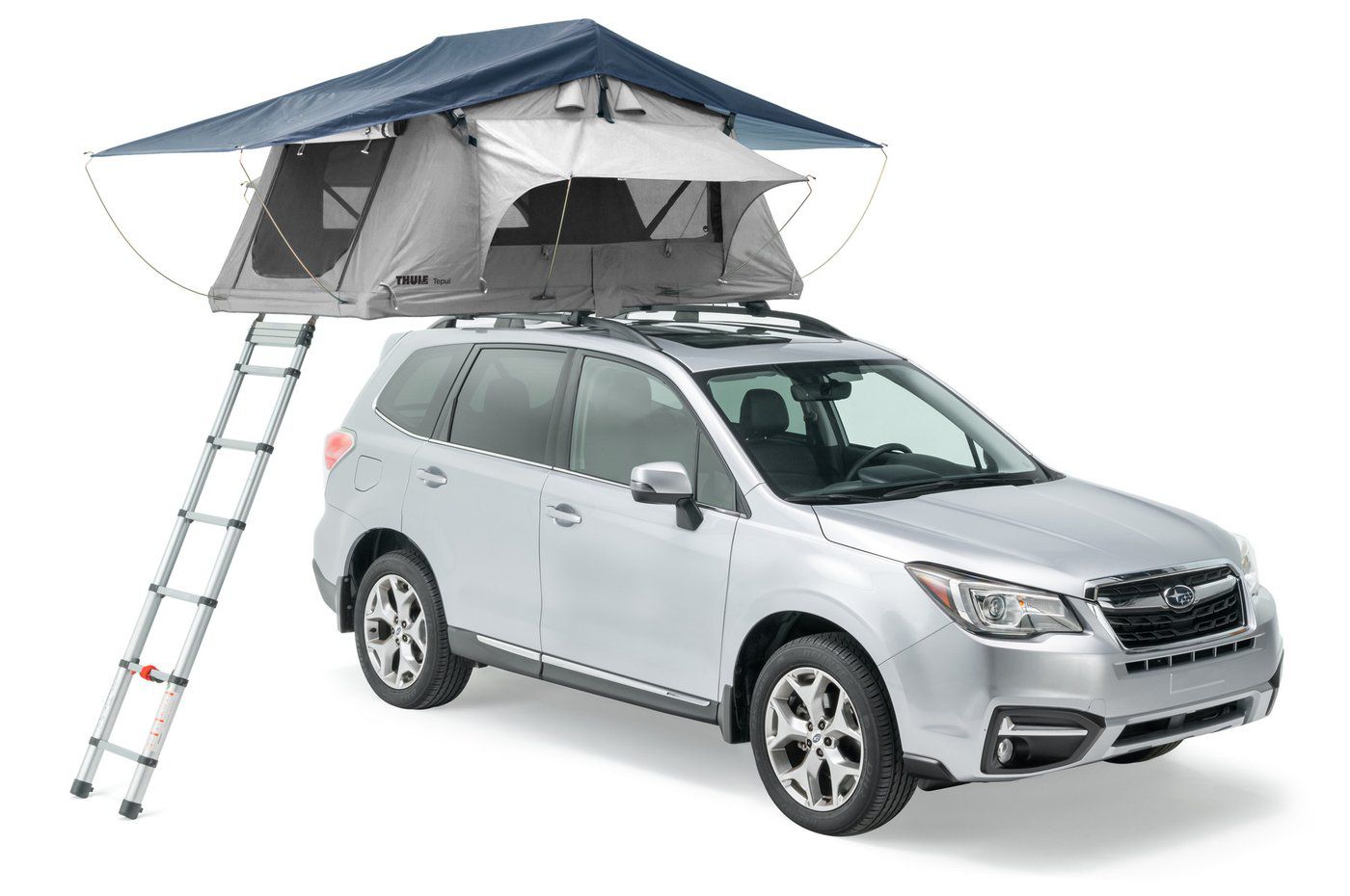 Thule Tepui Explorer Ayer 2Tent on top of silver Subaru with ladder.
