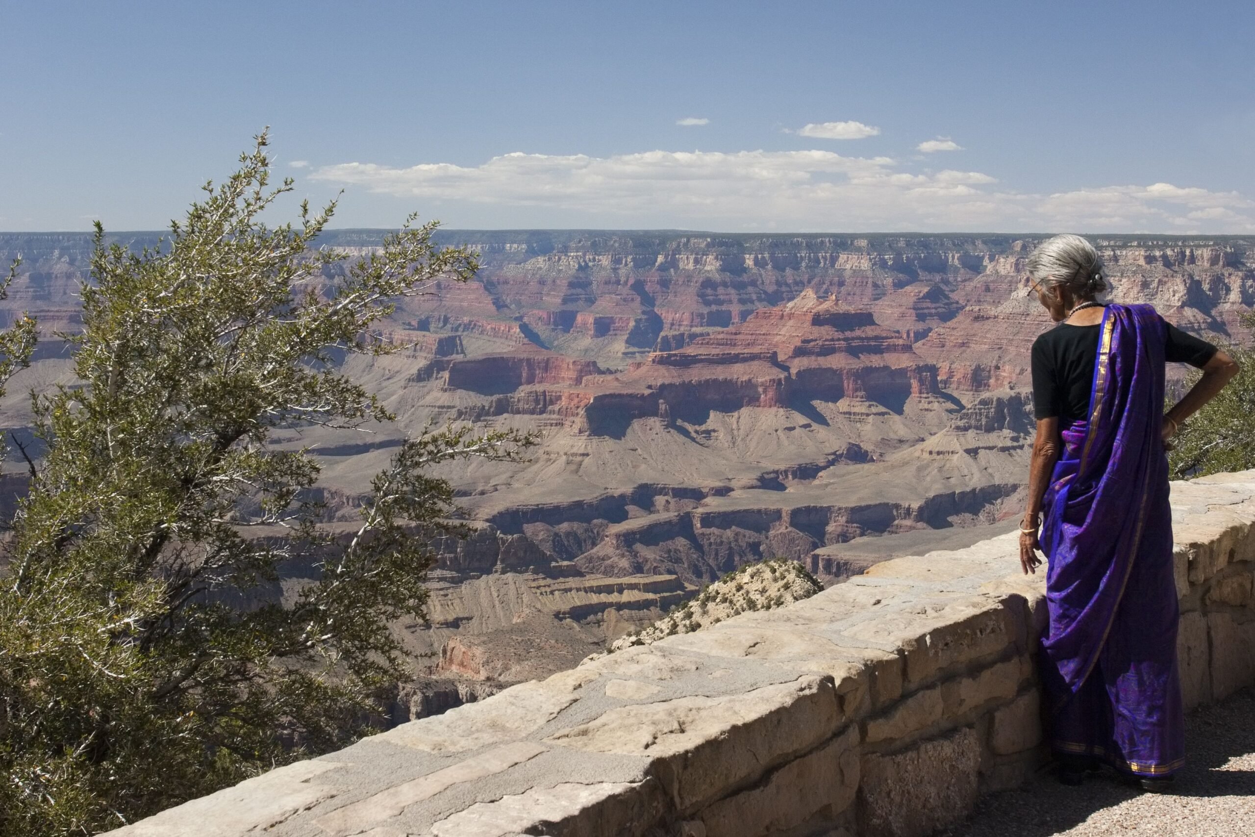 Arizona, United States of America - May 28, 2007: An elderly woman from East Asian wearing a purple sari is admiring the Grand Canyon from one of its many observation platforms.