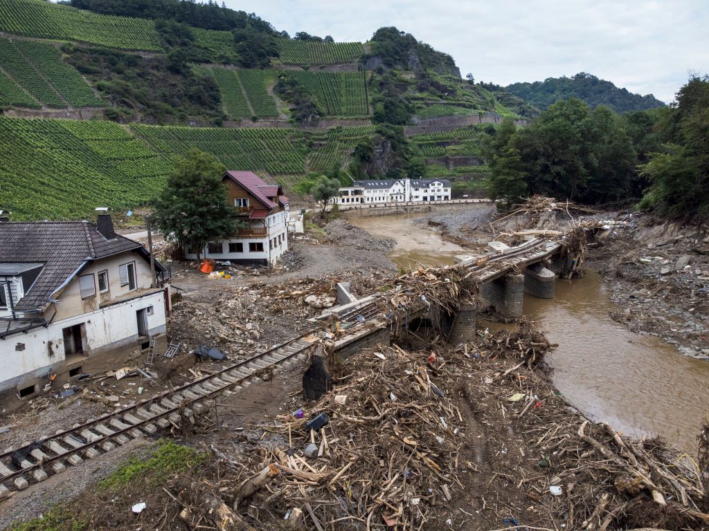 Destroyed houses, hotels and railway tracks pictured during ongoing cleanup efforts in the Ahr Valley region following catastrophic flash floods on August 04, 2021 near Dernau, Germany. Villages along the Ahr river as well as other towns and villages acro