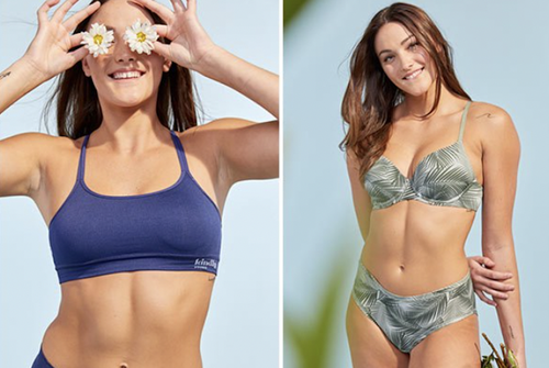 Split image of a smiling woman: on the left, she holds daisies over her eyes and wears a blue sports bra; on the right, she poses in a green leaf-patterned lingerie set against a light blue background.