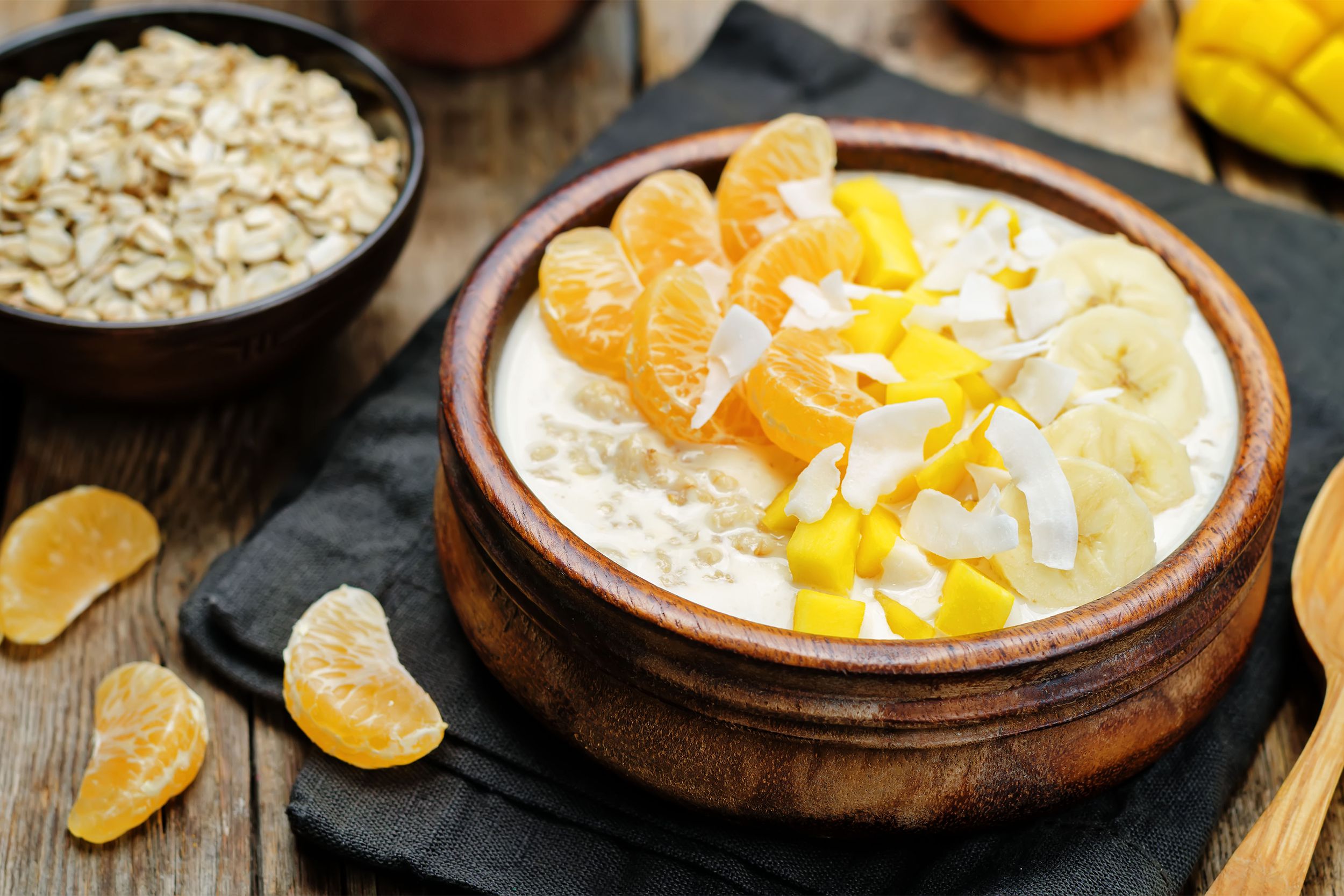 Oatmeal with mango, coconut, and banana
