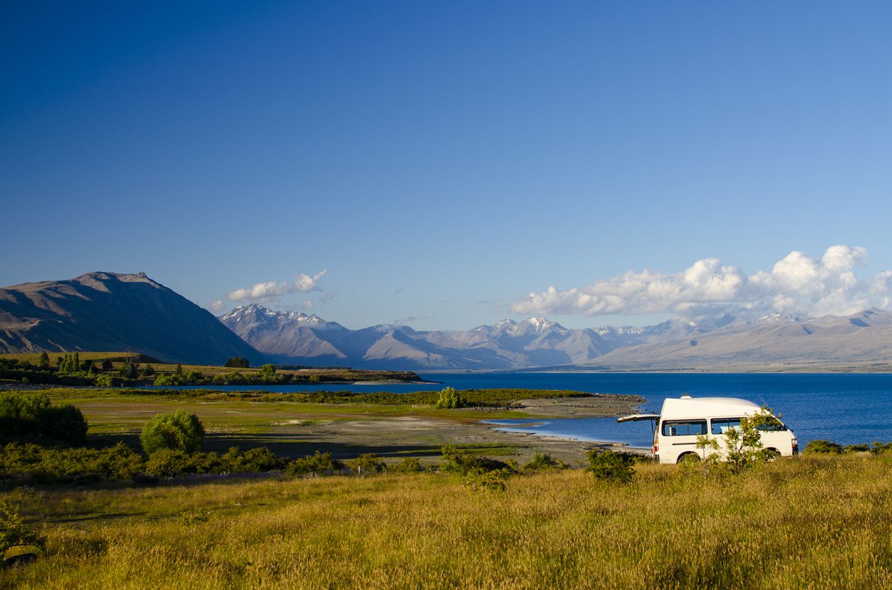 Camping on shore of lake tekapo, new zealand