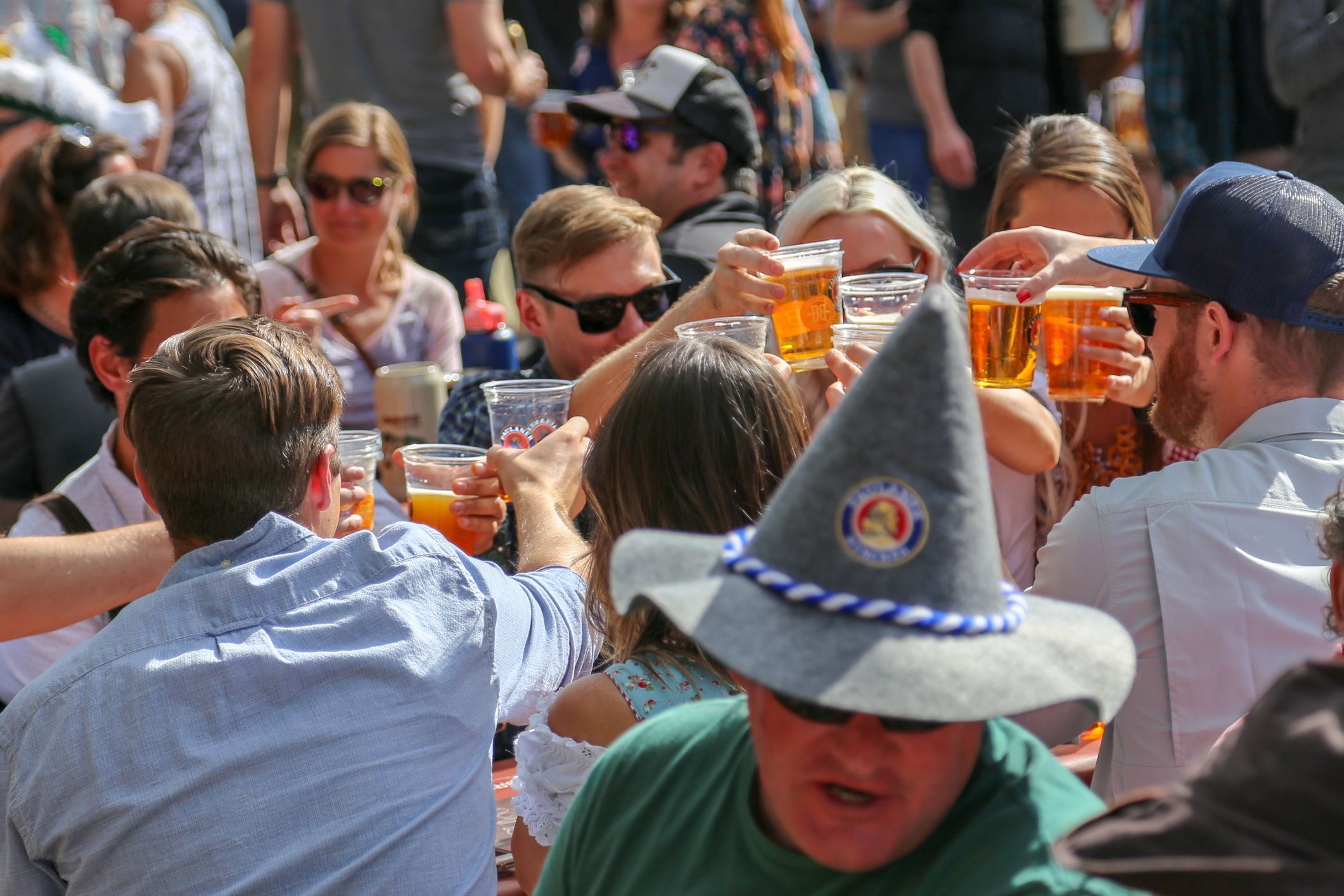 Adults dressed in traditional Bavarian costumes during Oktoberfest September 7, 2019 Breckenridge, Colorado