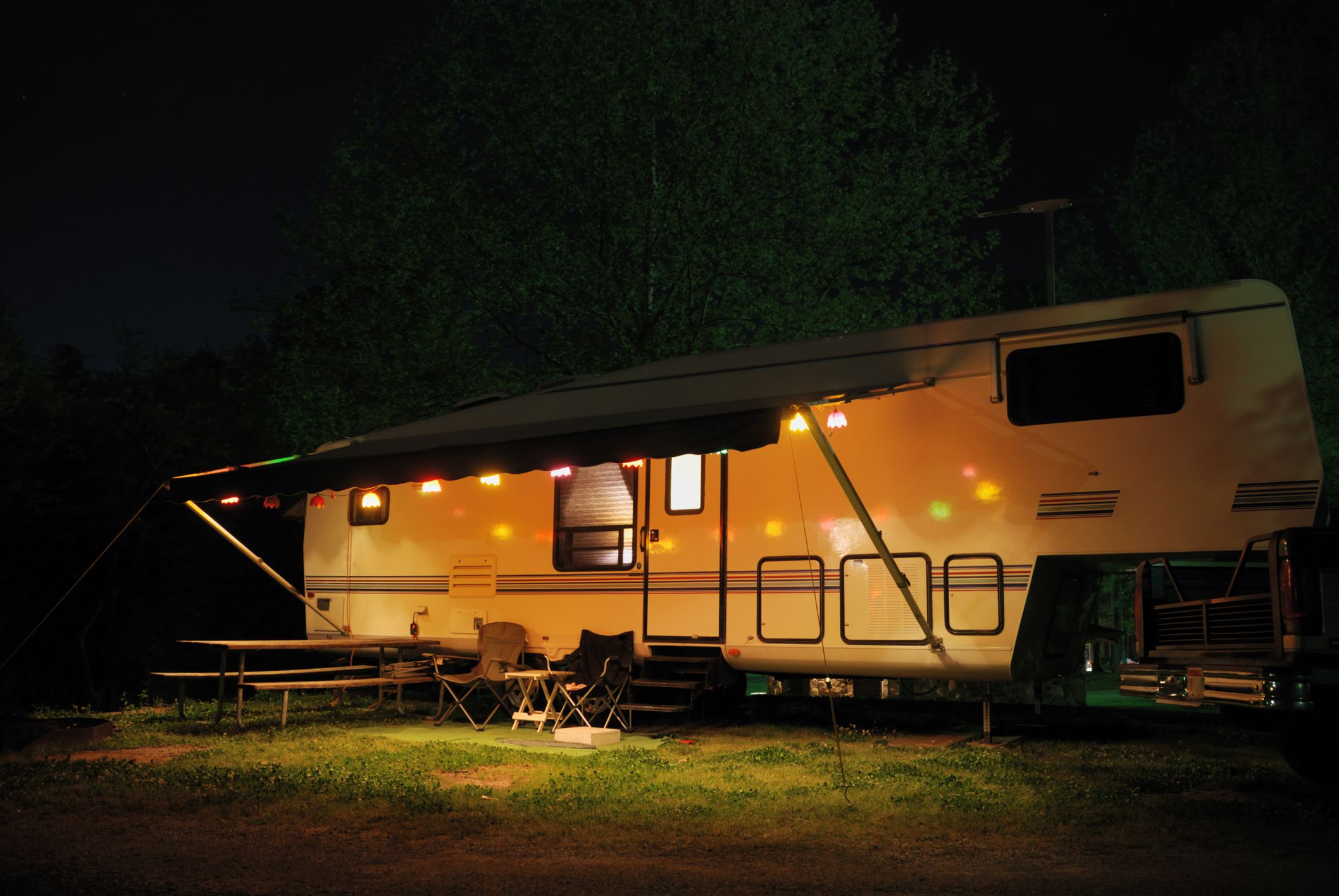 RV camper at night