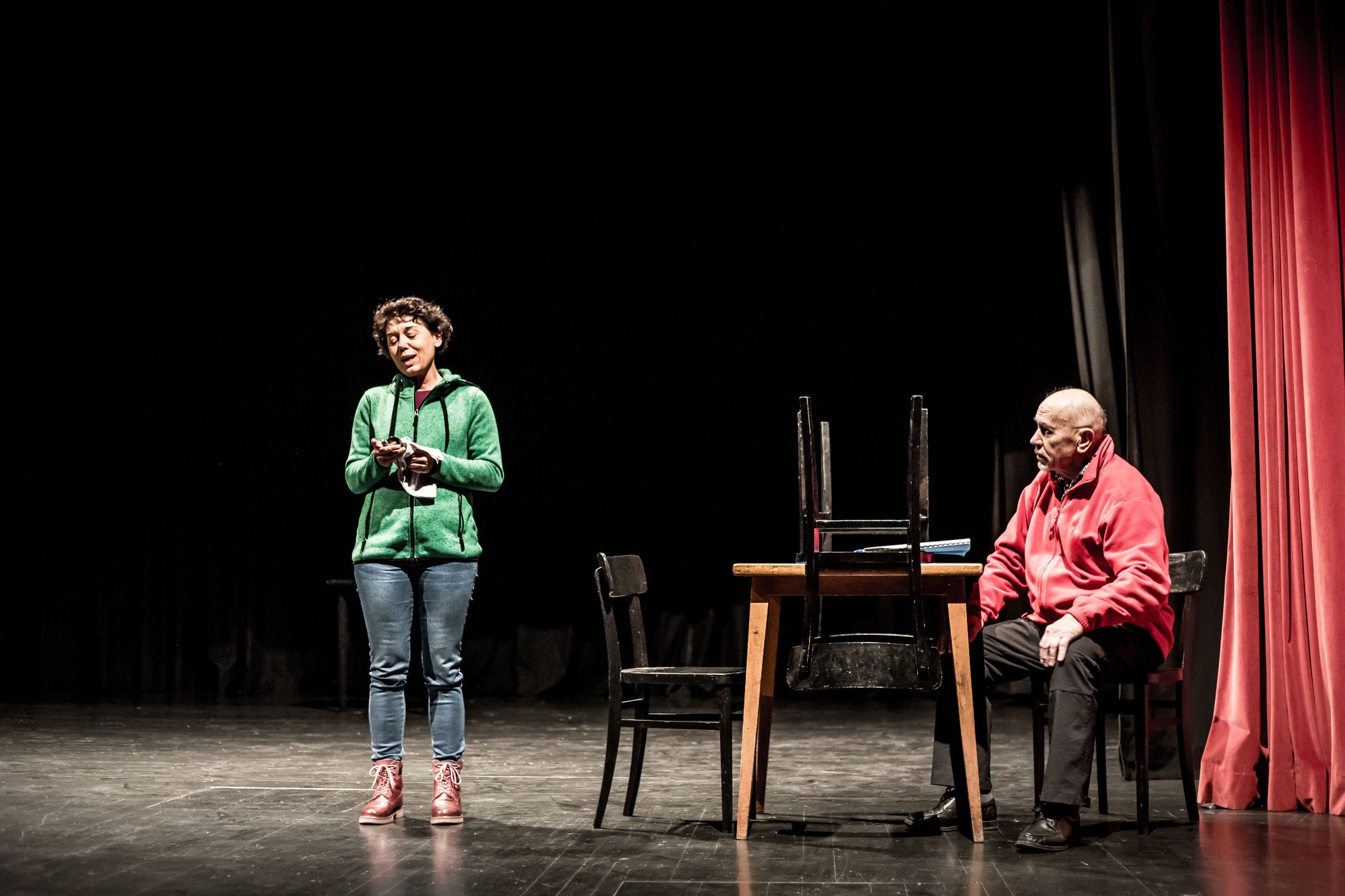 Senior Man and Adult Woman Acting on Stage.