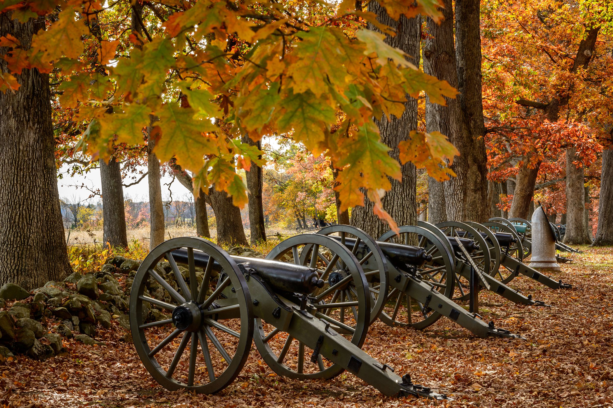 Wooden cannons in Gettysburg, Pennsylvania on an autumn day