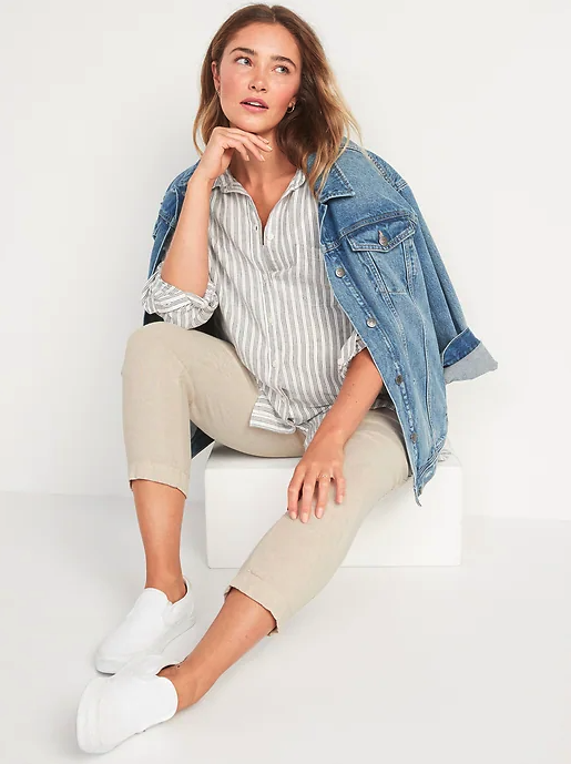 Maternity Rollover-Waist Linen-Blend Cropped Pants